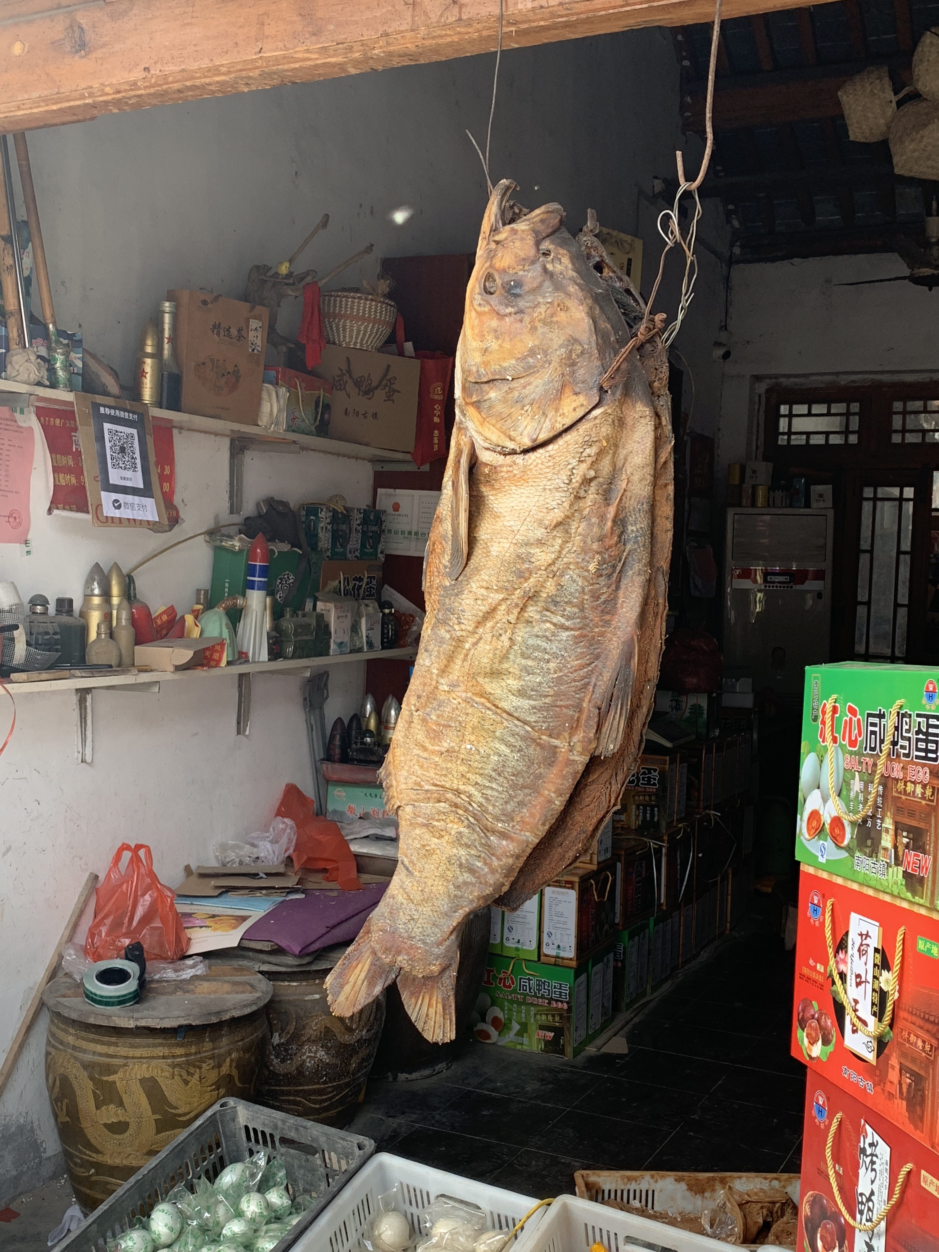 Shandong fish hanging from beam on store